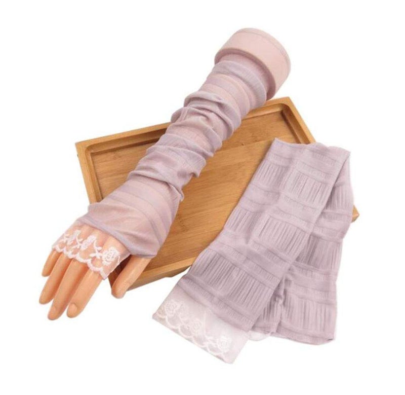 Suoirblss 2 Pairs Sunblock Arm Sleeves Fashion Lace UV Sun Protection Long Sleeve Fingerless Glove for Women's Ladies Driving Outdoor Sports (Gray) - Image 1